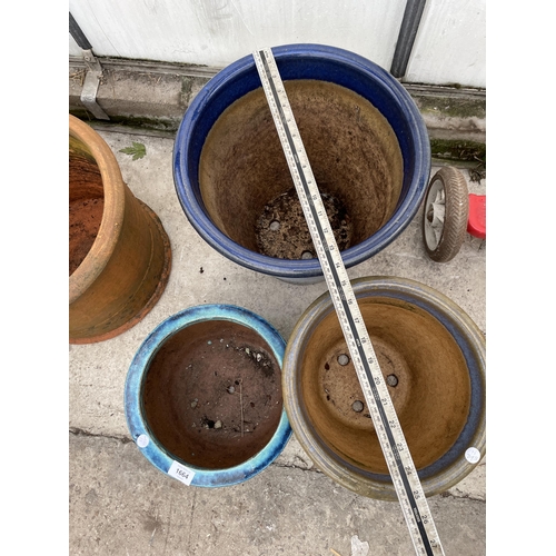 1664 - THREE VARIOUS BLUE GLAZED TERRACOTTA PLANT POTS