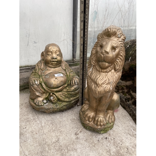 1669 - TWO GILT PAINTED CONCRETE GARDEN FIGURES TO INCLUDE A BUDDHA AND A LION