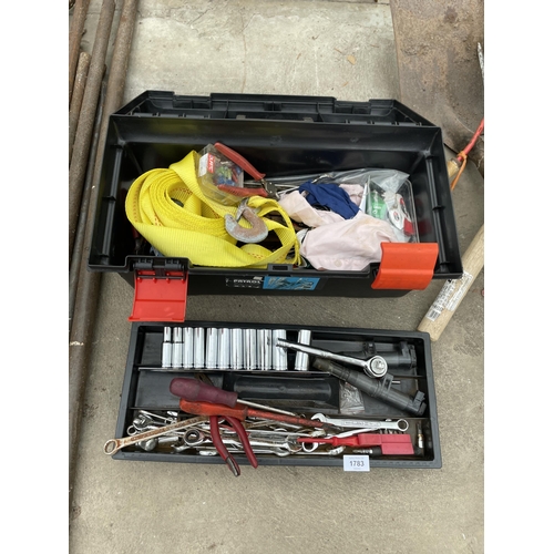 1783 - A PLASTIC TOOL BOX WITH AN ASSORTMENT OF HAND TOOLS TO INCLUDE SOCKETS AND SPANNERS ETC