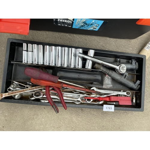 1783 - A PLASTIC TOOL BOX WITH AN ASSORTMENT OF HAND TOOLS TO INCLUDE SOCKETS AND SPANNERS ETC