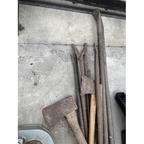 1784 - A COLLECTION OF CROW BARS AND TWO LOG SPLITTING AXES