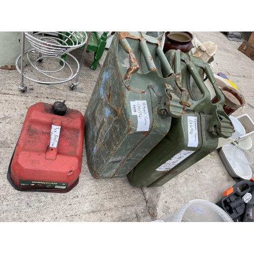 1808 - TWO GREEN METAL JERRY CANS AND A SMALL RED FUEL CAN