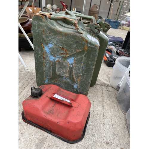 1808 - TWO GREEN METAL JERRY CANS AND A SMALL RED FUEL CAN