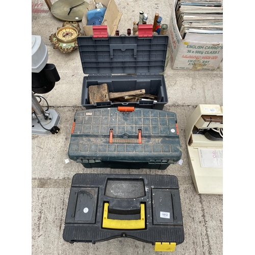 1812 - THREE PLASTIC TOOL BOXES WITH AN ASSORTMENT OF TOOLS TO INCLUDE BRACE DRILLS, AN OIL CAN AND MOLE GR... 