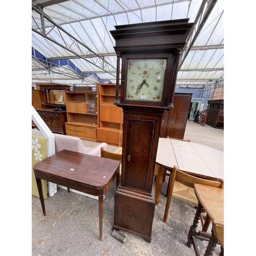 2895 - A 19TH CENTURY OAK AND CROSSBANDED 30 HOUR LONGCASE CLOCK WITH SQUARE PAINTED ENAMEL DIAL HAVING ROM... 