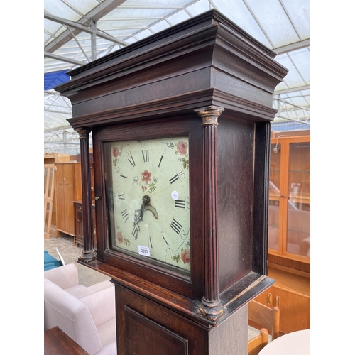 2895 - A 19TH CENTURY OAK AND CROSSBANDED 30 HOUR LONGCASE CLOCK WITH SQUARE PAINTED ENAMEL DIAL HAVING ROM... 