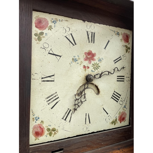 2895 - A 19TH CENTURY OAK AND CROSSBANDED 30 HOUR LONGCASE CLOCK WITH SQUARE PAINTED ENAMEL DIAL HAVING ROM... 