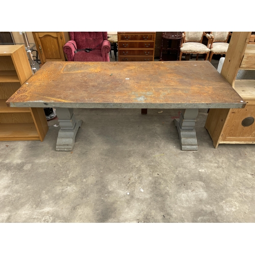 2910 - A LARGE REFECTORY STYLE TABLE WITH METAL TOP ON PAINTED BASE