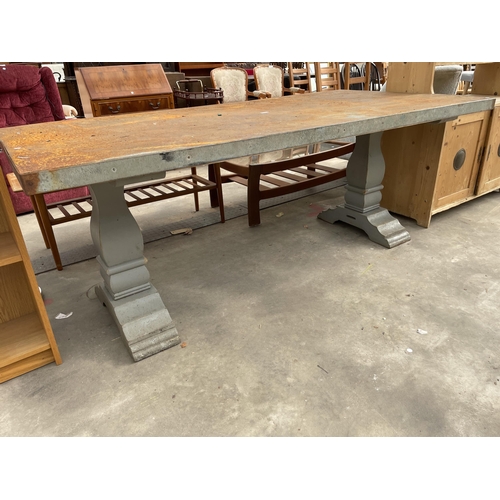 2910 - A LARGE REFECTORY STYLE TABLE WITH METAL TOP ON PAINTED BASE