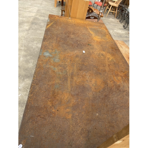 2910 - A LARGE REFECTORY STYLE TABLE WITH METAL TOP ON PAINTED BASE