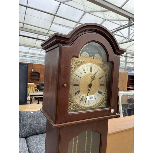 2919 - A MODERN HERMLE LONGCASE CLOCK  WITH THREE WEIGHTS AND GLASS DOOR