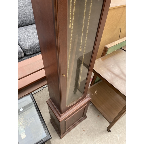 2919 - A MODERN HERMLE LONGCASE CLOCK  WITH THREE WEIGHTS AND GLASS DOOR