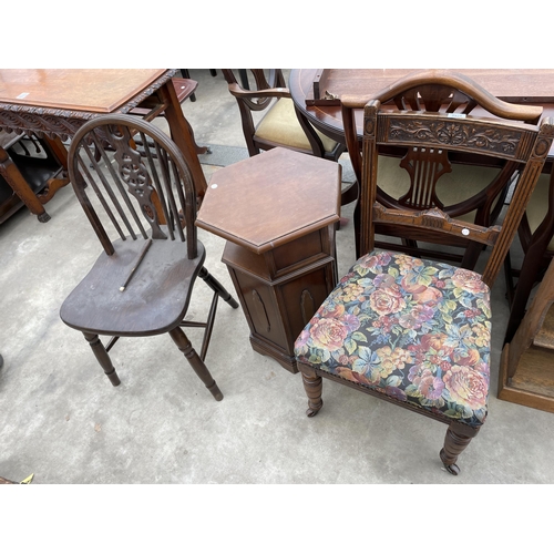 2928 - A HEXAGONAL CENTRE TABLE, EDWARDIAN BEDROOM CHAIR AND WHEELBACK CHAIR