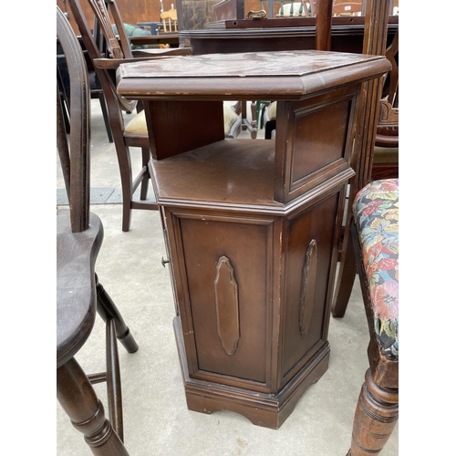 2928 - A HEXAGONAL CENTRE TABLE, EDWARDIAN BEDROOM CHAIR AND WHEELBACK CHAIR