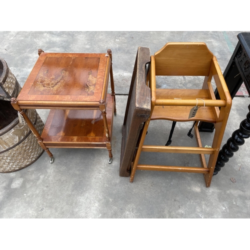 2940 - A MODERN HIGH CHAIR, BED TABLE AND YEW WOOD LAMP TABLE