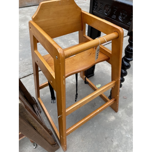 2940 - A MODERN HIGH CHAIR, BED TABLE AND YEW WOOD LAMP TABLE