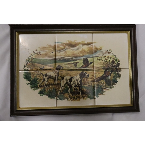 1005 - TWO FRAMED SETS OF SIX TILES DEPICTING HUNTING SCENES