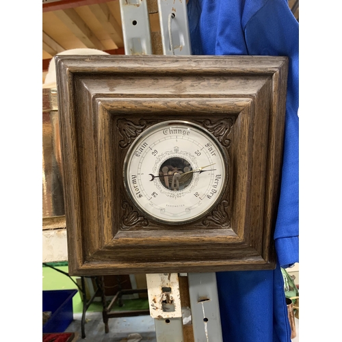 1175 - A VINTAGE OAK CASED, SQUARE BAROMETER