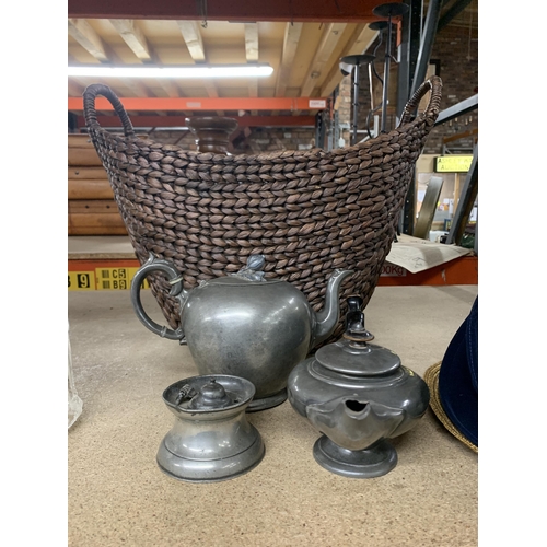 1177 - THREE PIECES OF VINTAGE PEWTER TO INCLUDE A SHIP'S INKWELL, TEAPOT WITH FLORAL FINIAL AND AN 'ALADDI... 