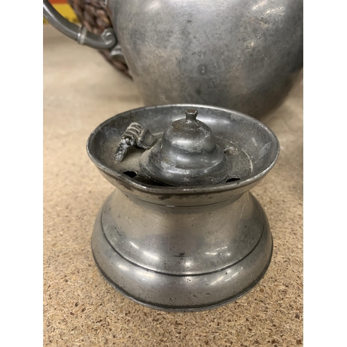 1177 - THREE PIECES OF VINTAGE PEWTER TO INCLUDE A SHIP'S INKWELL, TEAPOT WITH FLORAL FINIAL AND AN 'ALADDI... 