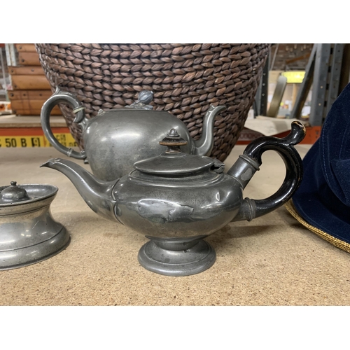 1177 - THREE PIECES OF VINTAGE PEWTER TO INCLUDE A SHIP'S INKWELL, TEAPOT WITH FLORAL FINIAL AND AN 'ALADDI... 