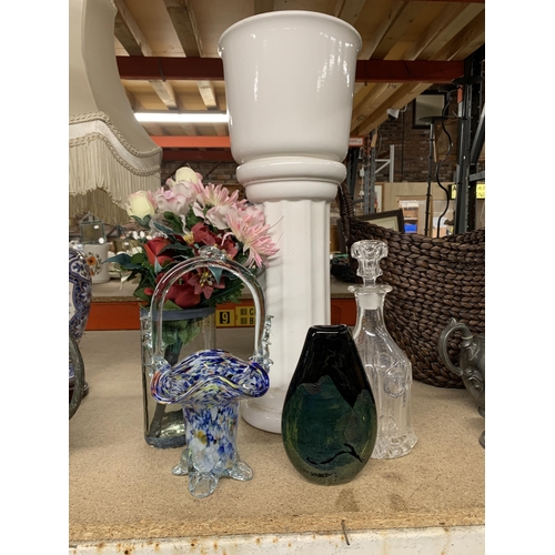 1178 - A JARDINERE PLANT STAND, HEIGHT 58CM, MURANO STYLE GLASS BASKET, ART GLASS VASE, DECANTER, ETC