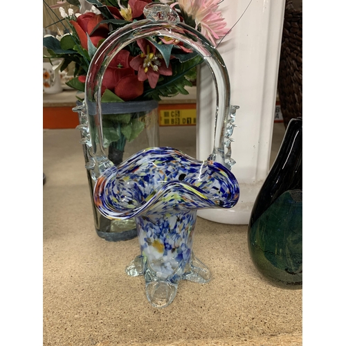 1178 - A JARDINERE PLANT STAND, HEIGHT 58CM, MURANO STYLE GLASS BASKET, ART GLASS VASE, DECANTER, ETC