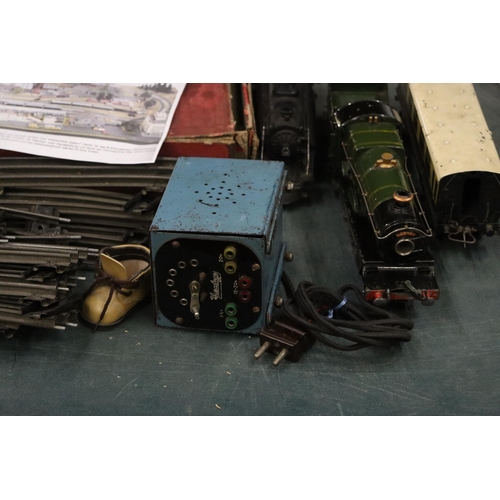 445 - A HORNBY, 'O' GAUGE, TRAIN SET PLUS A OO TRIX TRAIN SET, COMPRISING TWO LOCOS, CARRIAGES, TRACK AND ... 