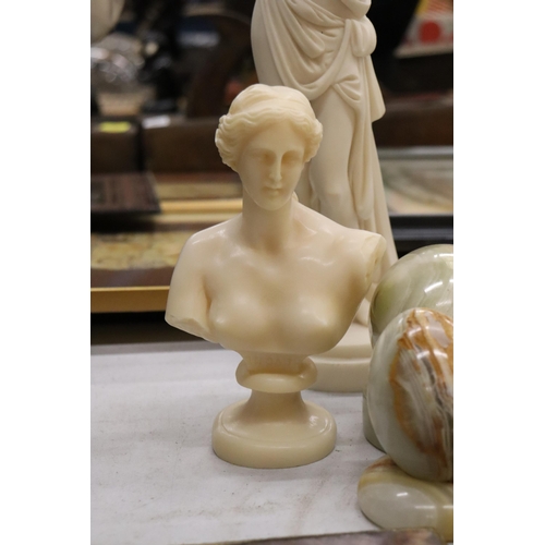 953 - TWO CLASSICAL FIGURES, ONYX EGGS AND COASTERS