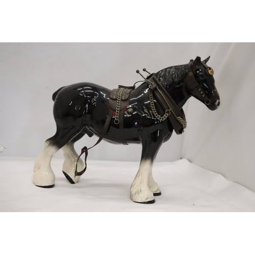 955 - A LARGE SHIRE HORSE WITH HARNESS PLUS A HEAVY GLASS 'TORTOISESHELL' BULL