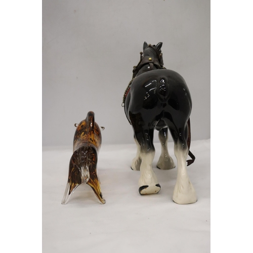 955 - A LARGE SHIRE HORSE WITH HARNESS PLUS A HEAVY GLASS 'TORTOISESHELL' BULL