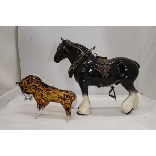 955 - A LARGE SHIRE HORSE WITH HARNESS PLUS A HEAVY GLASS 'TORTOISESHELL' BULL