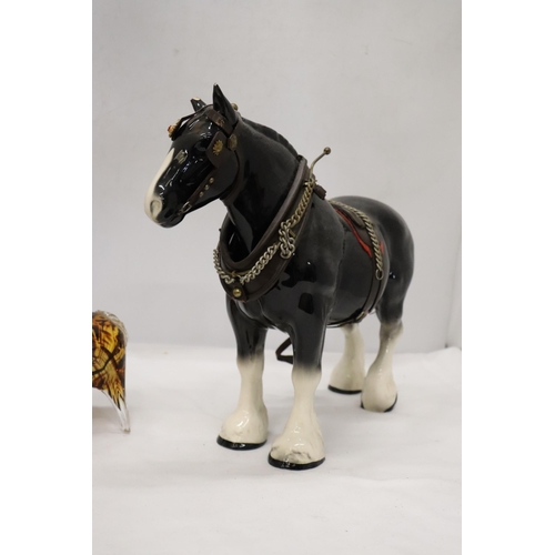 955 - A LARGE SHIRE HORSE WITH HARNESS PLUS A HEAVY GLASS 'TORTOISESHELL' BULL