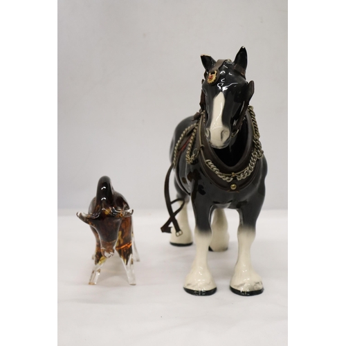 955 - A LARGE SHIRE HORSE WITH HARNESS PLUS A HEAVY GLASS 'TORTOISESHELL' BULL