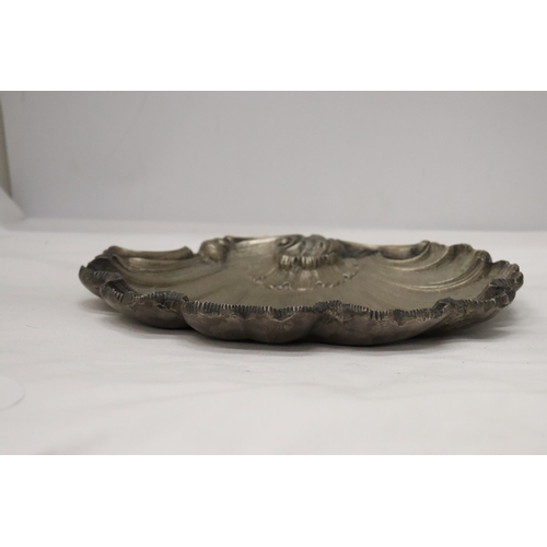 957 - A HEAVY METAL ROCCOCO DISH, 29CM X 28CM