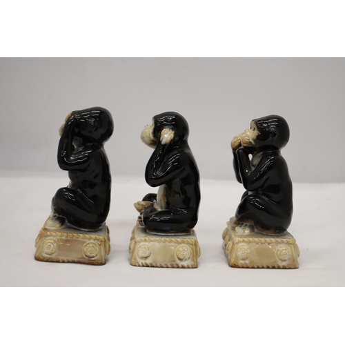 964 - THREE CERAMIC, SEE NO EVIL, HEAR NO EVIL AND SPEAK NO EVIL MONKEYS, HEIGHT 14CM