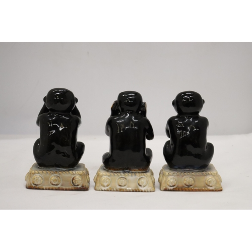 964 - THREE CERAMIC, SEE NO EVIL, HEAR NO EVIL AND SPEAK NO EVIL MONKEYS, HEIGHT 14CM