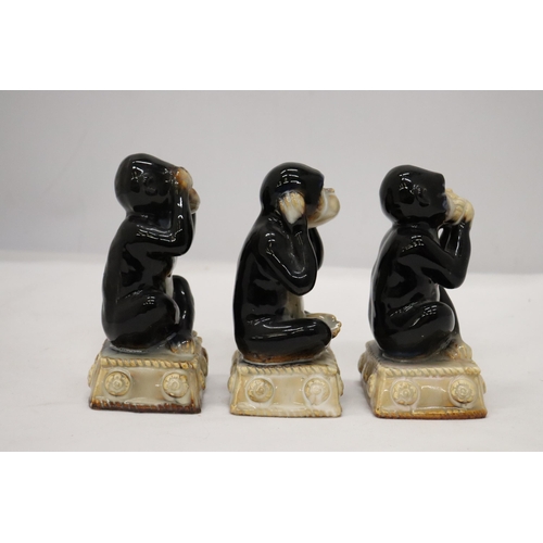 964 - THREE CERAMIC, SEE NO EVIL, HEAR NO EVIL AND SPEAK NO EVIL MONKEYS, HEIGHT 14CM