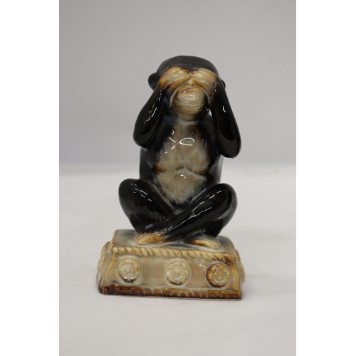 964 - THREE CERAMIC, SEE NO EVIL, HEAR NO EVIL AND SPEAK NO EVIL MONKEYS, HEIGHT 14CM