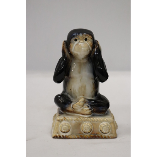 964 - THREE CERAMIC, SEE NO EVIL, HEAR NO EVIL AND SPEAK NO EVIL MONKEYS, HEIGHT 14CM