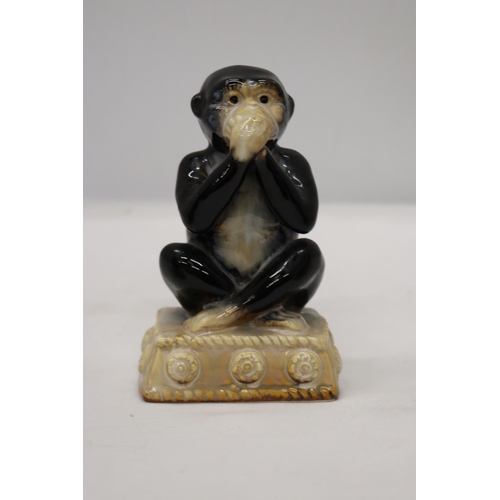 964 - THREE CERAMIC, SEE NO EVIL, HEAR NO EVIL AND SPEAK NO EVIL MONKEYS, HEIGHT 14CM