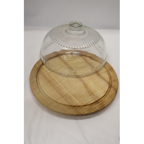 966 - A VINTAGE WOODEN CAKE/CHEESE BOARD WITH GLASS DOME