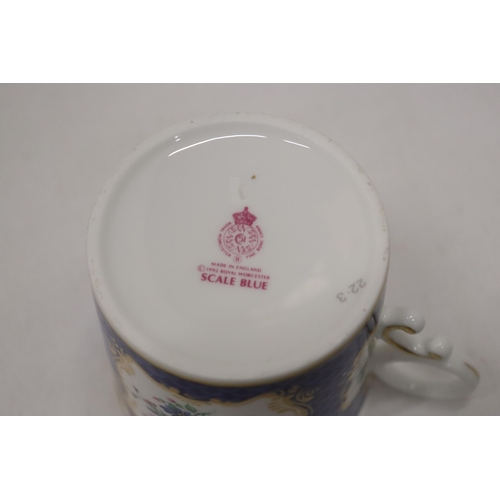 968 - A VINTAGE ROYALE WORCESTER 'SCALE BLUE' COFFEE CAN AND SAUCER, ROYAL WORCESTER HAND PAINTED CABINET ... 