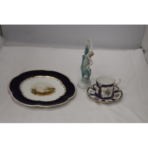 968 - A VINTAGE ROYALE WORCESTER 'SCALE BLUE' COFFEE CAN AND SAUCER, ROYAL WORCESTER HAND PAINTED CABINET ... 