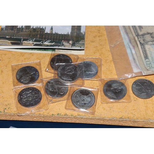 990 - A LARGE QUANTITY OF VINTAGE COINS AND NOTES TO INCLUDE A VICTORIAN HALF CROWN, COMMEMORATIVE CROWNS,... 