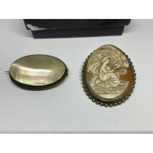 637 - TWO BROOCHES TO INCLUDE A LUSTRE SHELL AND A CAMEO