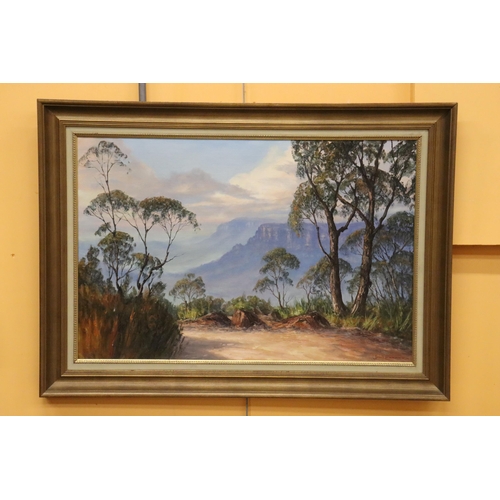 934 - A LARGE OIL ON CANVAS OF A MOUNTAIN THROUGH A CLEARING, SIGNED JOHN EMMETT '76, IN A GILT FRAME, 110... 