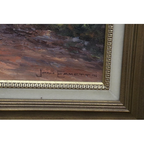 934 - A LARGE OIL ON CANVAS OF A MOUNTAIN THROUGH A CLEARING, SIGNED JOHN EMMETT '76, IN A GILT FRAME, 110... 