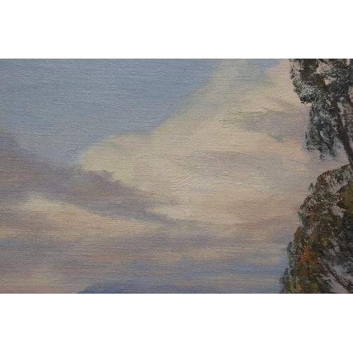 934 - A LARGE OIL ON CANVAS OF A MOUNTAIN THROUGH A CLEARING, SIGNED JOHN EMMETT '76, IN A GILT FRAME, 110... 