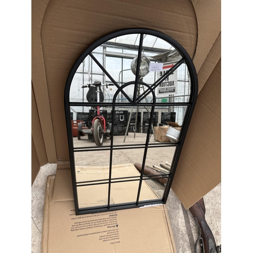 1866A - A BLACK WINDOW STYLE MIRROR AND A RECTANGULAR BEVELLED WALL MIRROR